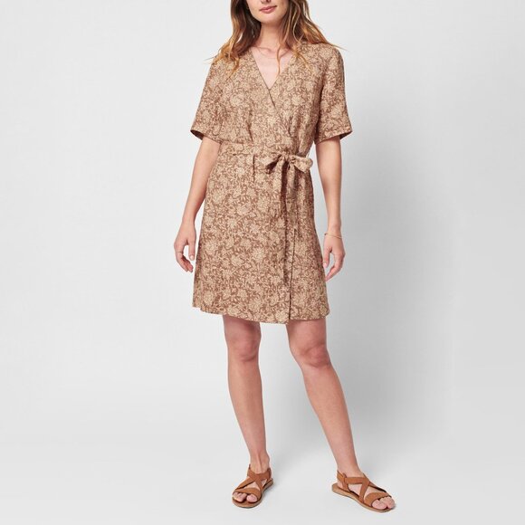 Faherty Dresses & Skirts - NWT Faherty Ashley Dress Women’s Size Medium Brown Floral 100% Linen Wrap Belted